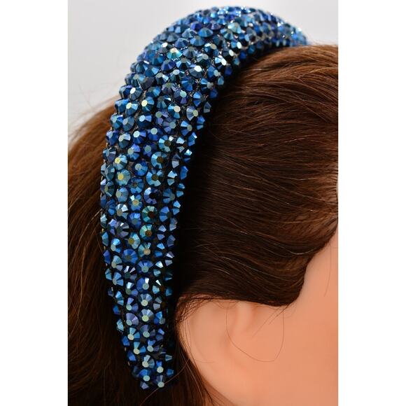 Bejeweled Crystal Headband Blue Black AB Cluster Sparkling Crown Padded Shiny - Picture 1 of 12